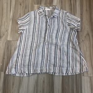 CP Shades Linen Collared Popover Top M Striped White Blue Bohemian Lagenlook
